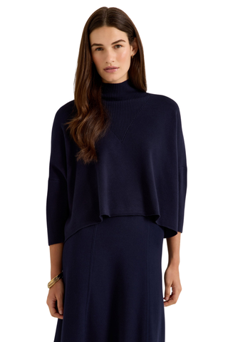 Marie Oliver Claudie Popover in Navy featuring a cropped boxy silhouette, mock neckline, and three-quarter batwing sleeves.
