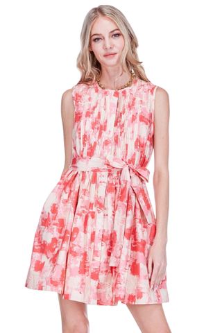 JoyJoy red and blush pleated sleeveless mini dress with tie waist and flared skirt