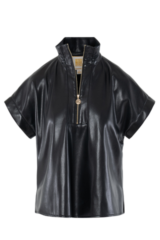 Emily McCarthy Poppy Pullover in Black Vegan Leather, a black short sleeve vegan leather top with a stand collar and gold zipper.