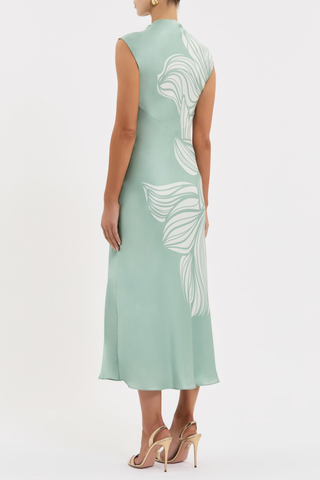 Rebecca Vallance Lalisa Midi Dress in sage floral silk with cowl neckline and bias cut midi skirt