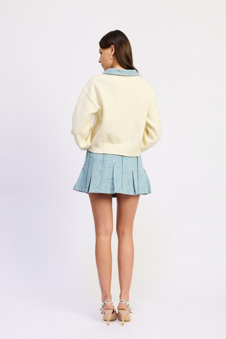 En Saison Dominique Sweater in Light Wash Denim featuring a cream knit body with a contrast denim collar.