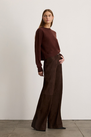 Tanya Taylor Lexia Cashmere Sweater in Deep Redwood featuring a classic crew neckline, long sleeves, and rich dark brown-red color.
