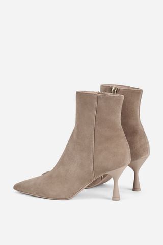 AGL Ide Bootie in Ghibli-Basic neutral taupe suede with a tapered toe, slim heel, and side zip closure.