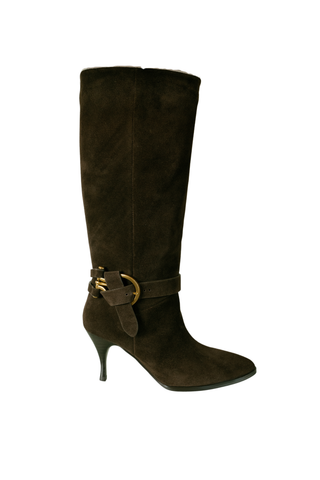 Lola Cruz Genevive Boot in Chocolate, a tall dark brown boot with ankle hardware, rounded toe, and slim heel.