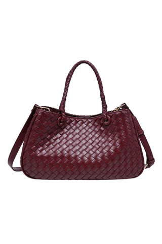 Urban Expressions Karym Satchel in Wine featuring deep burgundy woven vegan leather, braided top handles, a structured silhouette, and an adjustable detachable shoulder strap.