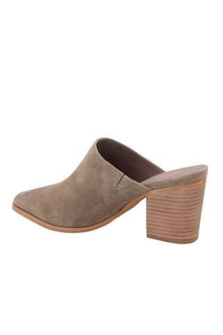 Toffee suede pointed-toe mule with a stacked 3-inch block heel.