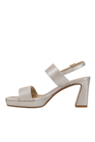 Vaneli Maida Heel in Perla Harmonica featuring a pearly neutral finish, square toe, ankle strap, front platform, and sculpted block heel.