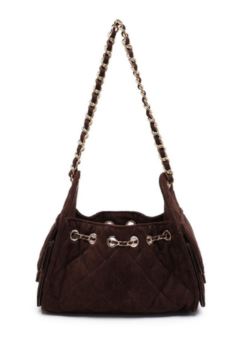 Urban Expressions Royalty Shoulder Bag in Espresso featuring quilted faux suede, gold-tone hardware, woven shoulder strap, and drawstring closure.