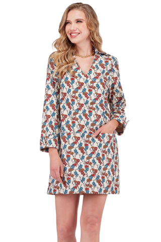 JoyJoy Split Neck Collar Dress in Garden Heirloom featuring a multicolor floral print, split collared neckline, three-quarter sleeves, and mini silhouette.