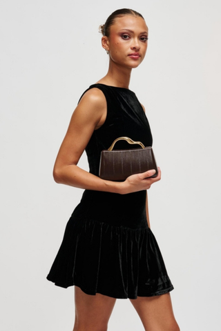 Rue Aveline Nichelle Clutch in Espresso featuring textured vegan leather, a structured frame silhouette, gold-tone top handle, and removable chain strap.