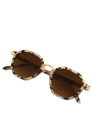Krewe Dakota Sunglasses in Matte Oyster featuring an octagonal acetate frame, gold-tone bridge, and brown gradient lenses.