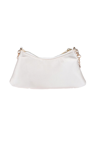 Rue Aveline Opalite Evening Bag in Ivory featuring layered shell-like embellishments and a detachable gold-tone chain strap.