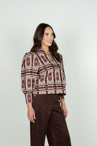 Emily McCarthy Hampton Top in Duomo featuring a geometric brown jacquard print, mandarin collar, and voluminous sleeves.