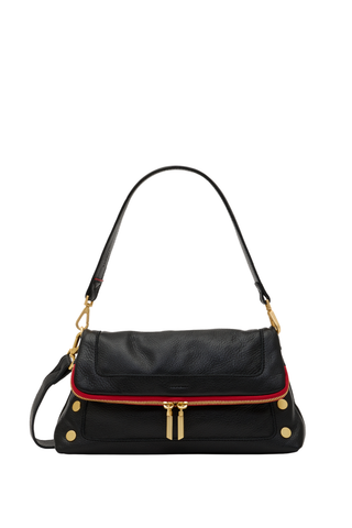 Hammitt Beverly Medium Handbag in black pebbled leather with brushed gold hardware and signature red zipper.