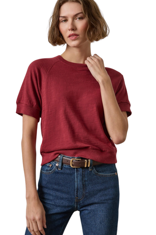 Woman wearing the Lilla P Vintage Short Sleeve Raglan Tee in Cabernet, a relaxed burgundy cotton crewneck tee.