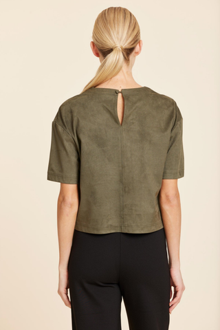 Dolce Cabo Suede T-Shirt in Olive featuring soft faux suede, a crew neckline, short sleeves, dropped shoulders, and a relaxed boxy fit.