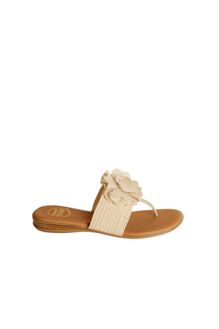 Andre Assous Nara Sandal in natural featuring a woven raffia-inspired upper, floral appliqué detail, and cushioned thong sandal silhouette