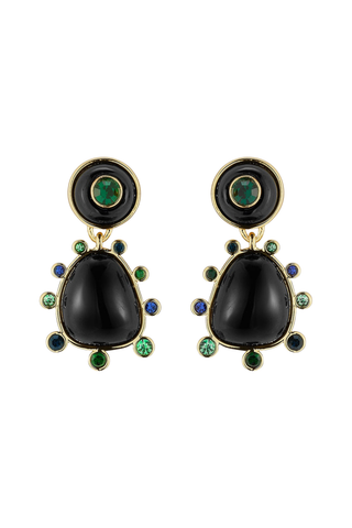 Mignonne Gavigan Devina Earrings in Black Multi featuring bold black onyx stones, colorful glass accents, and gold-plated detailing.