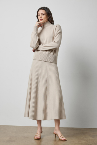 Lilla P Knit Flared Skirt in Dove featuring a soft neutral cotton-cashmere knit, comfortable waistband, and flowing flared silhouette.