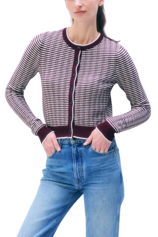 White + Warren Bouclé Cardigan in Sangria and Ivory Stripe featuring textured knit and button-front styling.