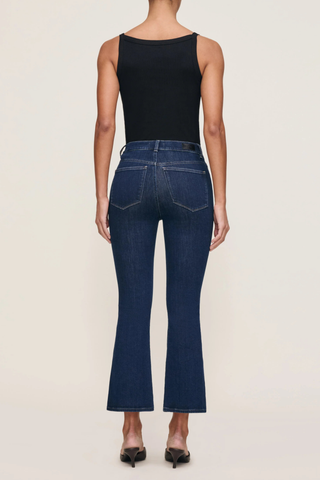 DL1961 Bridget Boot Crop jeans in Lunar Sky featuring a high-rise cropped bootcut silhouette in a dark indigo wash.