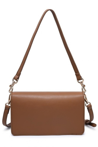 Urban Expressions Coco Crossbody in Camel featuring smooth vegan leather, a structured flap silhouette, buckle detail, and adjustable strap.