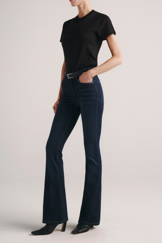 DL1961 Bridget Boot 33' Jean in Dark Indigo featuring a high-rise bootcut silhouette, deep indigo wash, and long 33-inch inseam.