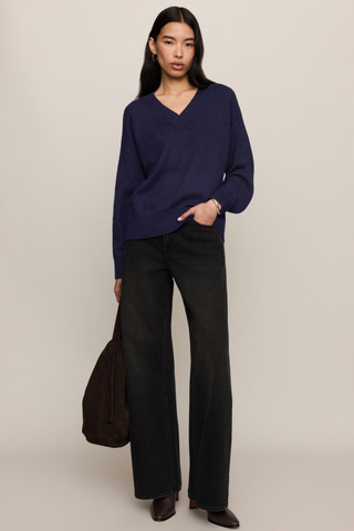 Z Supply Cloud Spun V-Neck Sweater in Oxford Blue featuring a relaxed fit, classic V-neckline, and soft lightweight knit.