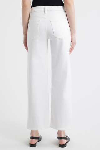 White straight leg cropped jeans with mid-rise fit and five-pocket styling