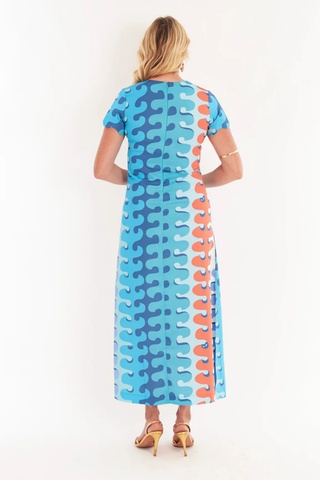 C.K. Bradley Vespa maxi dress in blue and coral Birch Tango print with short sleeves and front slit