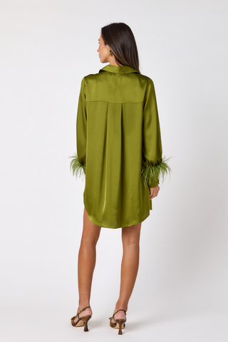 Crosby Crawford Dress in Martini green featuring a collared neckline, button-front design, long sleeves, and feather-trimmed cuffs.