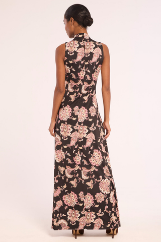 Misa Lila Dress in Autumn Chintz Jersey featuring a black floral print, sleeveless high neckline, and fitted maxi silhouette.