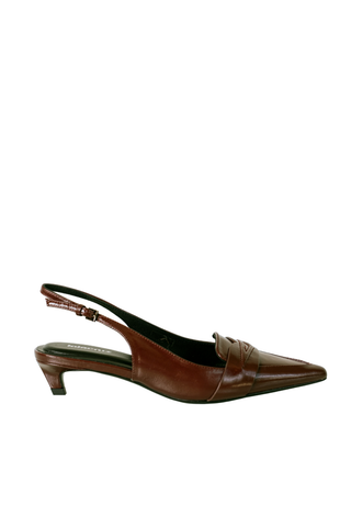 Lola Cruz Gemma Heeled Loafer in Merlot featuring a pointed loafer-inspired upper, slingback strap, and low heel.