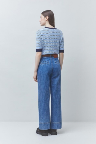 Suncoo Perly Sweater in Blue Ciel featuring a blue open-knit striped design, short sleeves, and contrast navy trim.