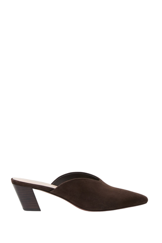 Loeffler Randall Perry Mule in Tmoro brown suede with a pointed toe, kicked 2-inch heel, and slip-on silhouette.