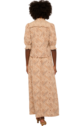 Love the Label Zinny Top in Wuthering Winds Print featuring an intricate neutral print, split neckline, and short puff sleeves.