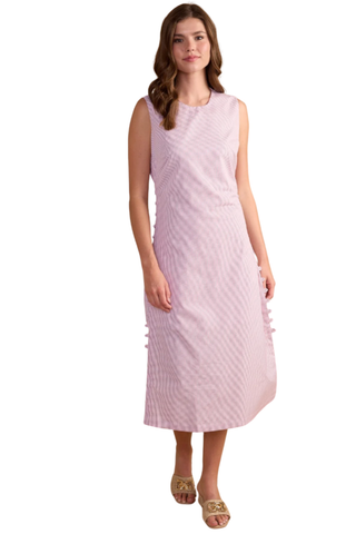 Model wearing Thomas & Lourdes Baylor Dress in Turkish Delight Combo featuring a sleeveless midi silhouette and pink gingham-inspired print
