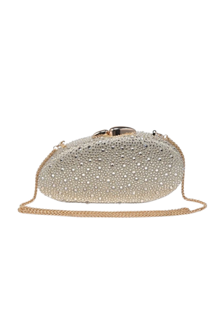 Urban Expressions Rome Evening Bag in Gold featuring a rhinestone-covered oval silhouette, polished kiss-lock clasp, and removable chain strap.