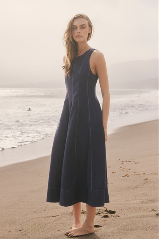 English Factory Linen Stitch Detail Midi Dress in Navy featuring a sleeveless linen silhouette with paneled seaming.
