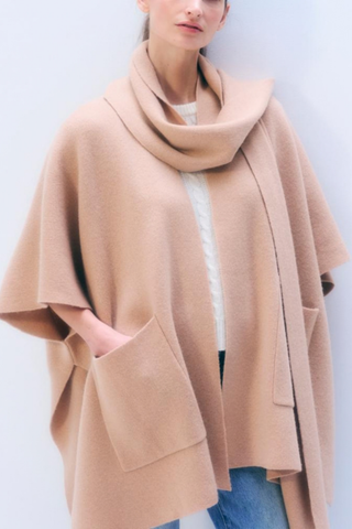 White + Warren Cashmere Blend Poncho in Hazelnut featuring a soft neutral knit, relaxed silhouette, and draped scarf-style neckline.