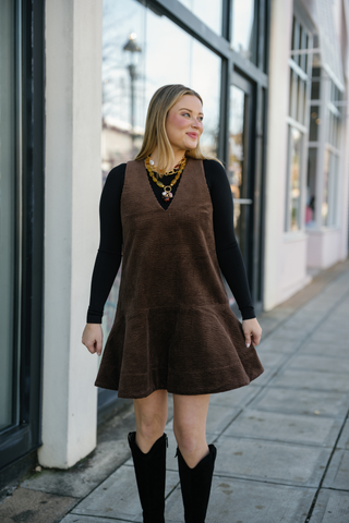 Seersucker Corduroy V-Neck Mini Dress, Chicory Coffee
