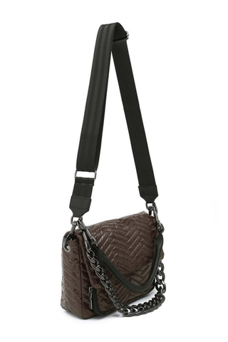 Think Royln Muse Moto Handbag in glossy chocolate brown with quilted detailing and black trim.