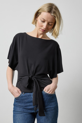 Lilla P Tie Back Dolman Top in Black featuring dramatic short dolman sleeves, a relaxed draped silhouette, and versatile tie detail.