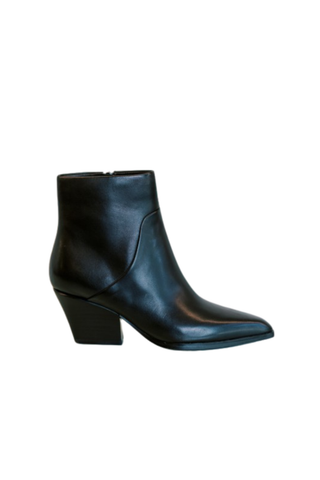 Marc Fisher Tarel Bootie in Black with a sleek pointed toe, smooth finish, and sculptural block heel.