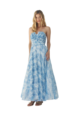 Corene Gown white and blue chinoiserie strapless maxi dress from Hutch