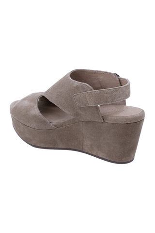 Chocolat Blu Werner Wedge in Taupe Suede featuring an open-toe suede upper, adjustable ankle strap, side cutout, and platform wedge heel.