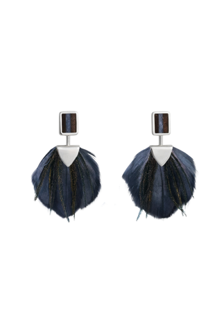 Brackish Savannah Bezel Drop Earrings in silver featuring dark feather accents and a fan-shaped drop silhouette