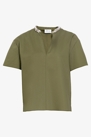 Aubrey Top fern green short sleeve blouse with embellished neckline from Tanya Taylor