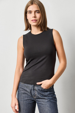 Lilla P High Neck Tank in Black featuring a fitted sleeveless silhouette and high neckline.