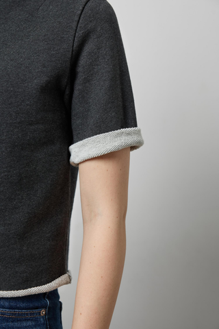 Lilla P Roll Neck Short Sleeve Sweatshirt in Graphite Heather featuring soft gray cotton terry, rolled neckline, and contrast trim.